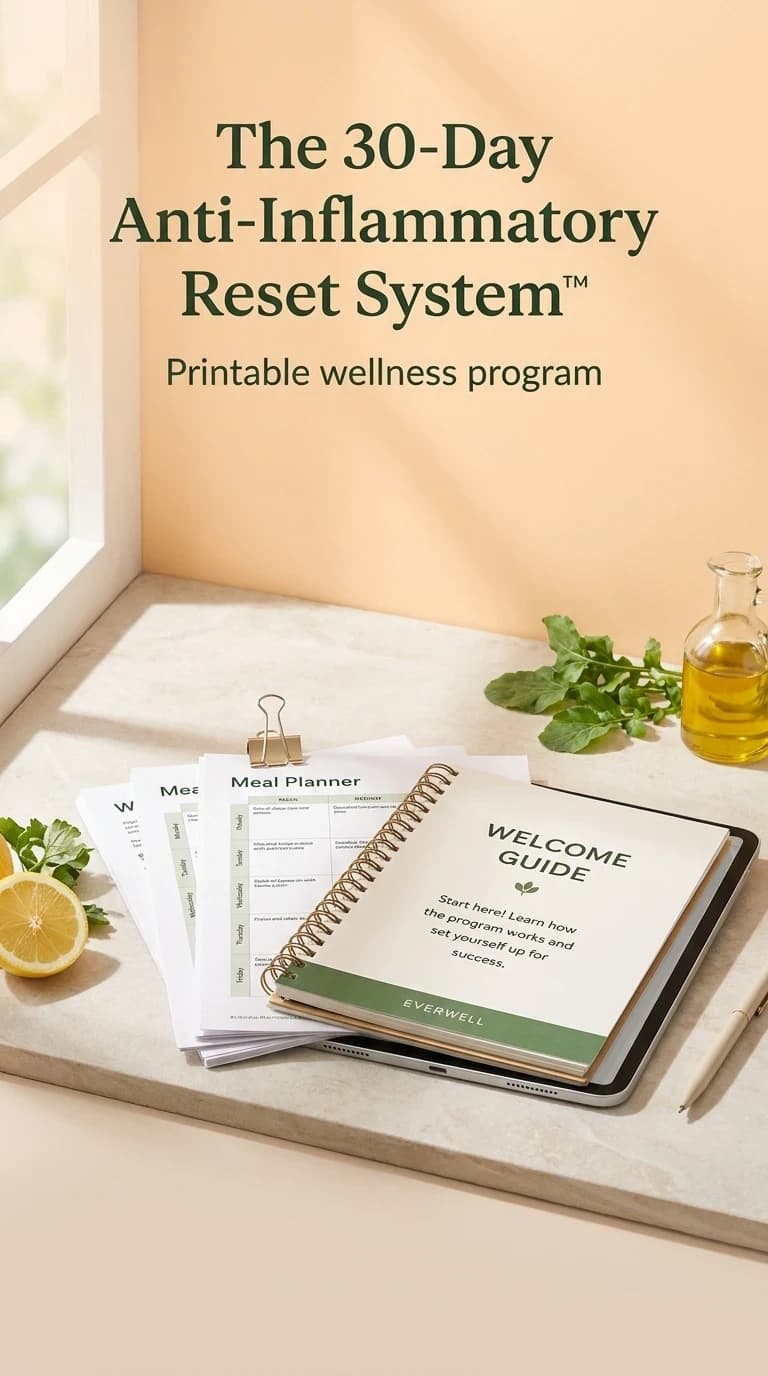 The 30-Day Anti-Inflammatory Reset System printable pages displayed on a tablet with a binder and planner sheets