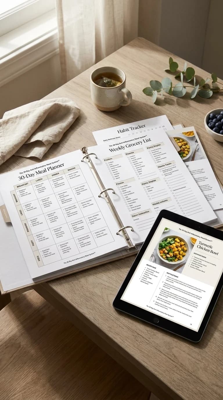 The 30-Day Anti-Inflammatory Reset System printable pages and binder-style layout preview